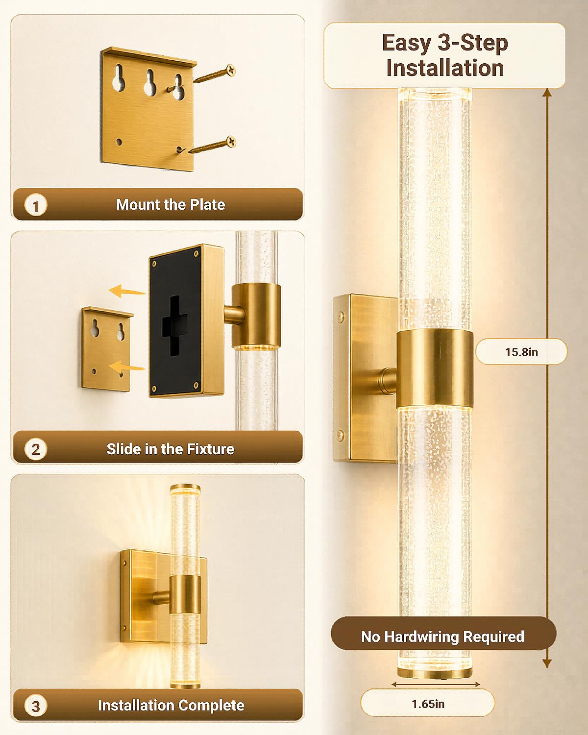 Wall Sconces Set of Two,Guwikou 15.8" Battery Operated Wall Sconce with 16000mAh Large Capacity,Screw-Mounted,USB-C Charging,Smart Auto, 30ft Remote,5