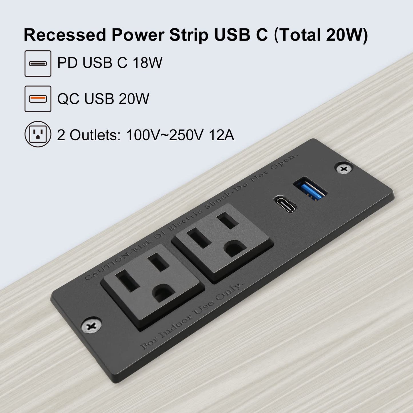 USB C Recessed Power Strip Fast Charge Desktop Power Station 2 Outlets 2 USB (PD20W & QC18W, Total 20W) Mountable Flat Plug Extension Cord Mount