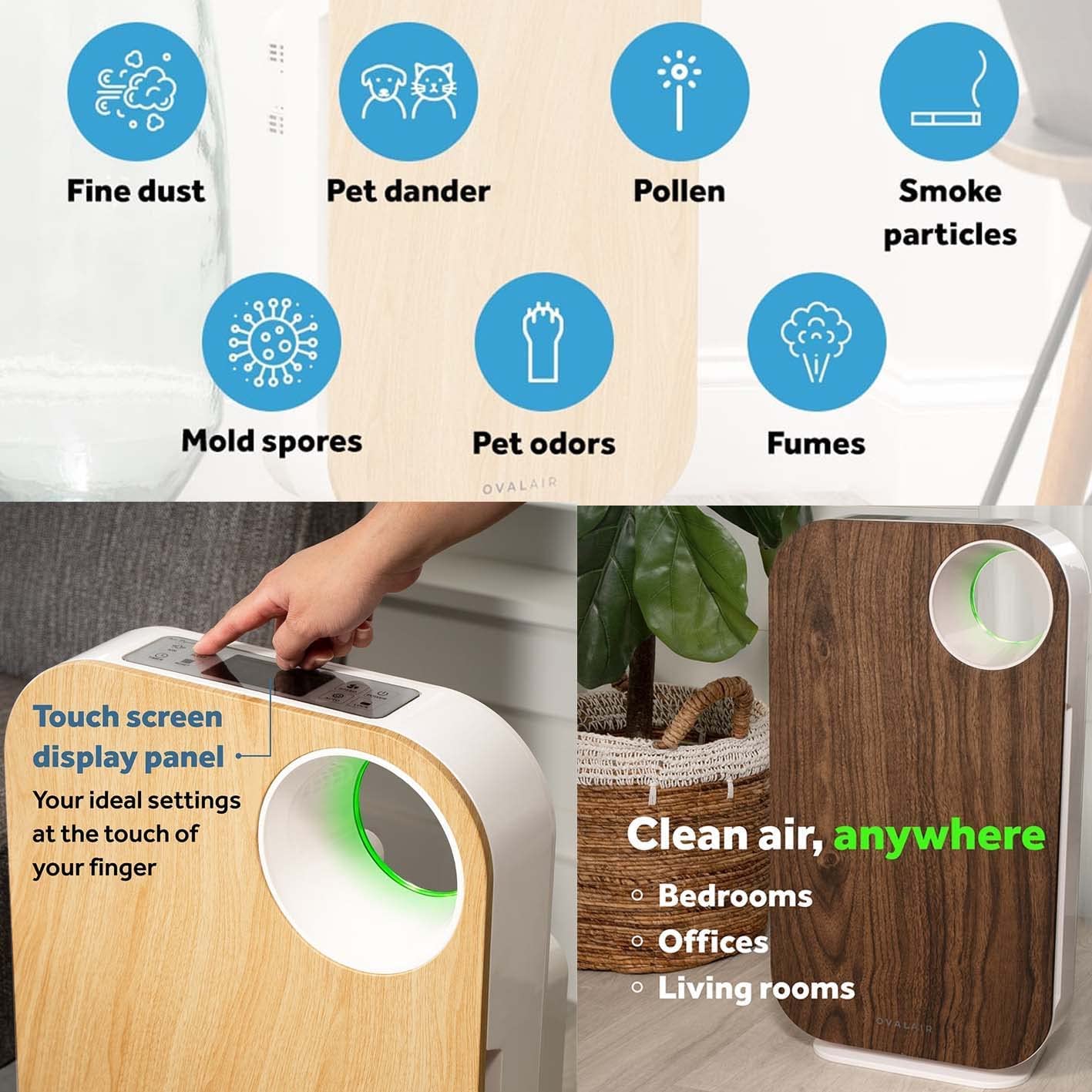 OVAL AIR AIR1000D 3-Stage H13 True HEPA 5-in-1 Air Purifier For Allergens,Dust,Pets,Allergies,Odor,Smoke,Pollen, Rooms up to 600 sq. ft., Dark Wood