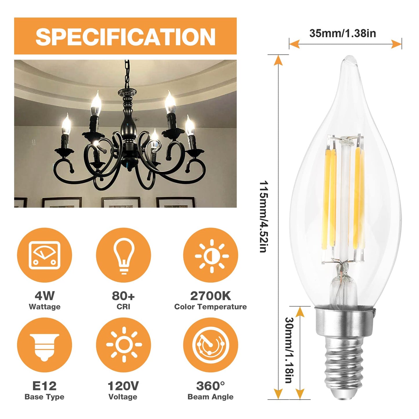 Talltreepho E12 Base 4 Watt LED Chandelier Light Bulb, 400lm, 2700K Daylight Filament LED Candle Light Bulb, 6 Pack, CRI 80+, ETL Listed