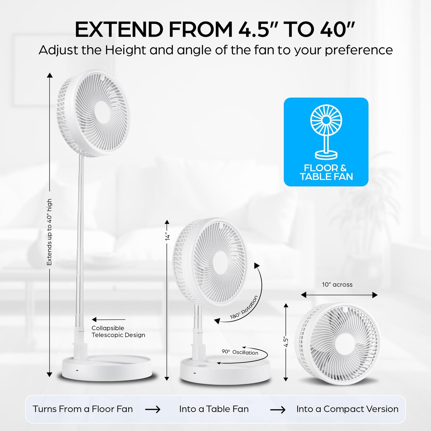 My Foldaway Rechargeable Fan Portable, Portable Fan Extends from 4-40", Travel Fan for Sleeping, Collapsible Desk Fan, Quiet, 10 Hour Battery Life, 3