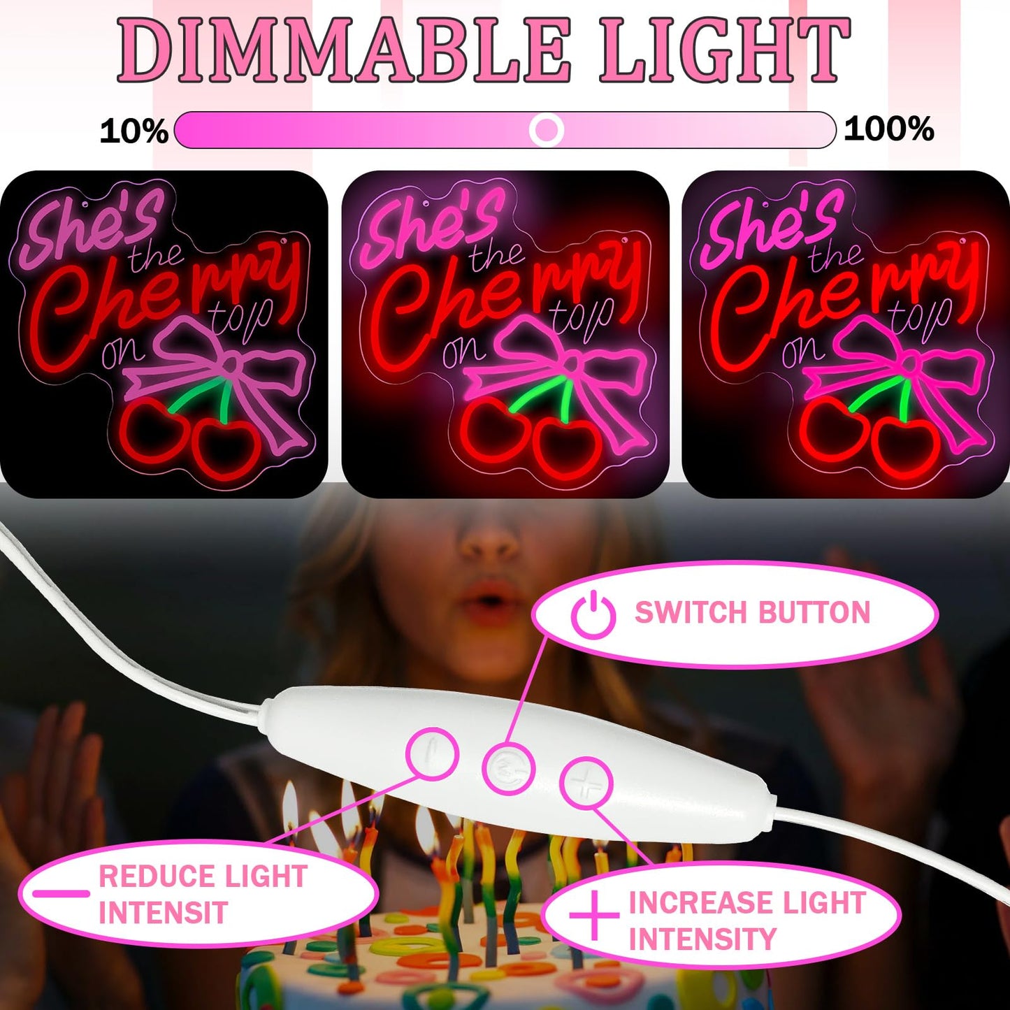 ShShe's The Cherry on Top Neon Sign Cherry Neon Light for Wall Decor Dimmable Pink Bow LED Sign for Bachelorette Party Bridal Shower Wedding Baby