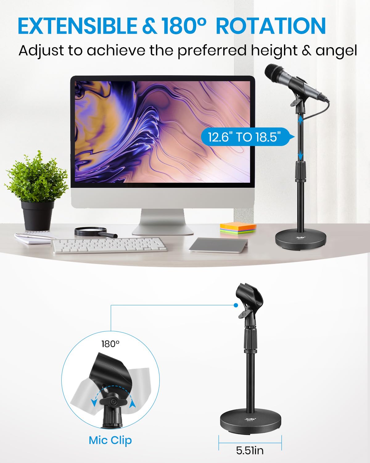 Desktop Microphone Stand, Moukey Upgraded Adjustable Table Mic Stand with Non-Slip Metal Base for Blue Yeti Snowball Spark, Other Microphone, height