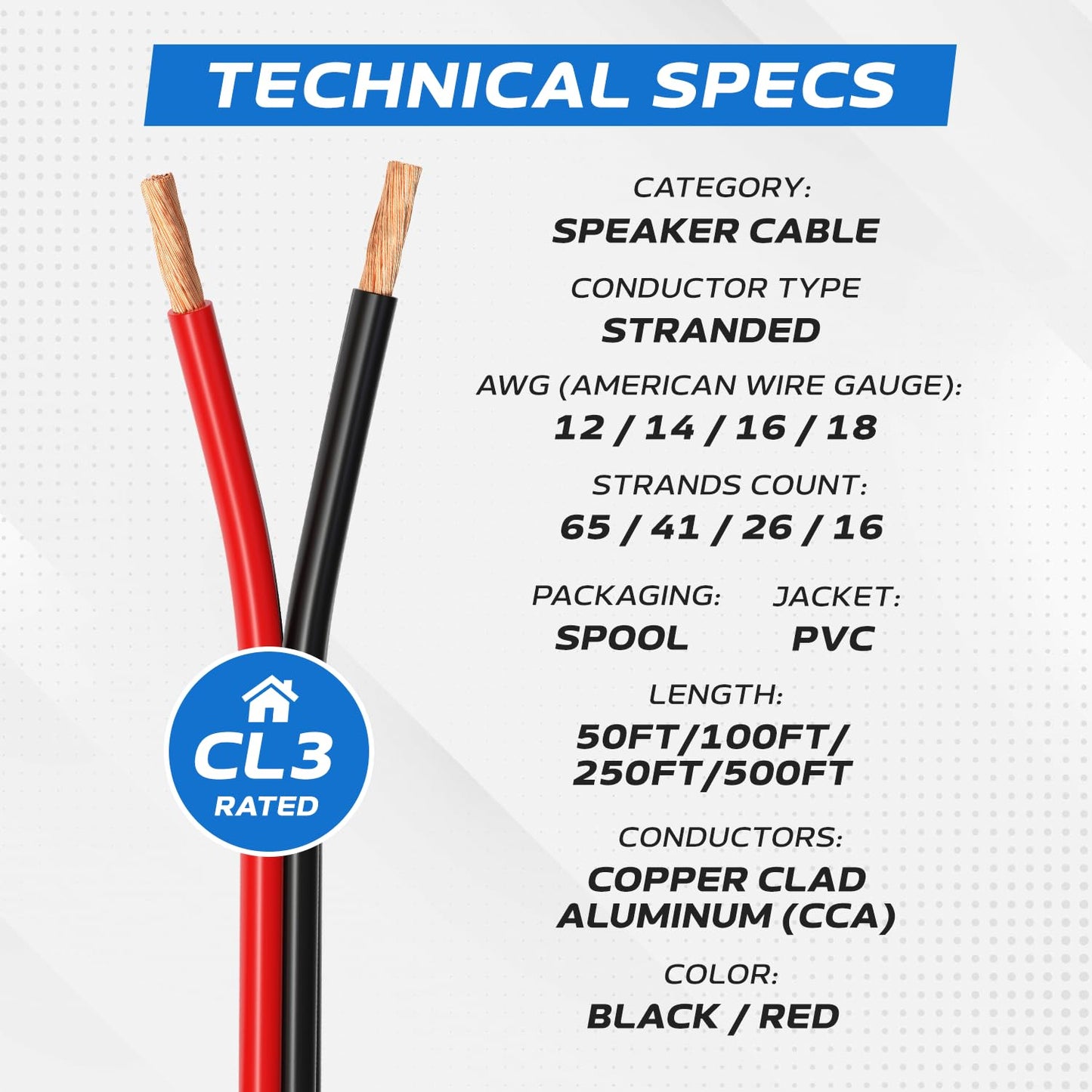 Cables Direct Online Speaker Cable 100FT 16AWG 2 Conductors (16/2) CL3 Rated CCA (Copper Clad Aluminum) Black and Red Jacket Compatible with Low