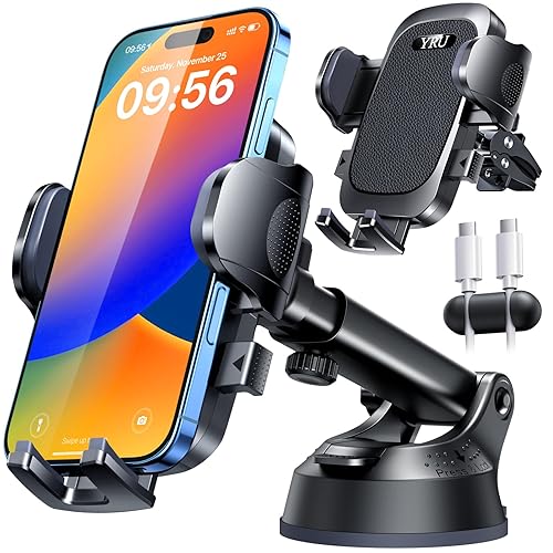 [True Upgrade for Safety] YRU Car Phone Holder Mount [Patent & Military-Grade] Dashboard Cell Phone Holder for Car Vent Windshield Phone Stand