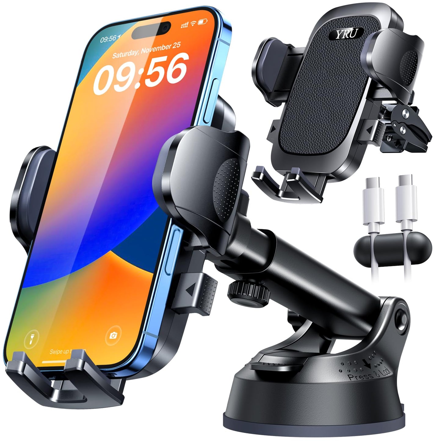 [True Upgrade for Safety] YRU Car Phone Holder Mount [Patent & Military-Grade] Dashboard Cell Phone Holder for Car Vent Windshield Phone Stand