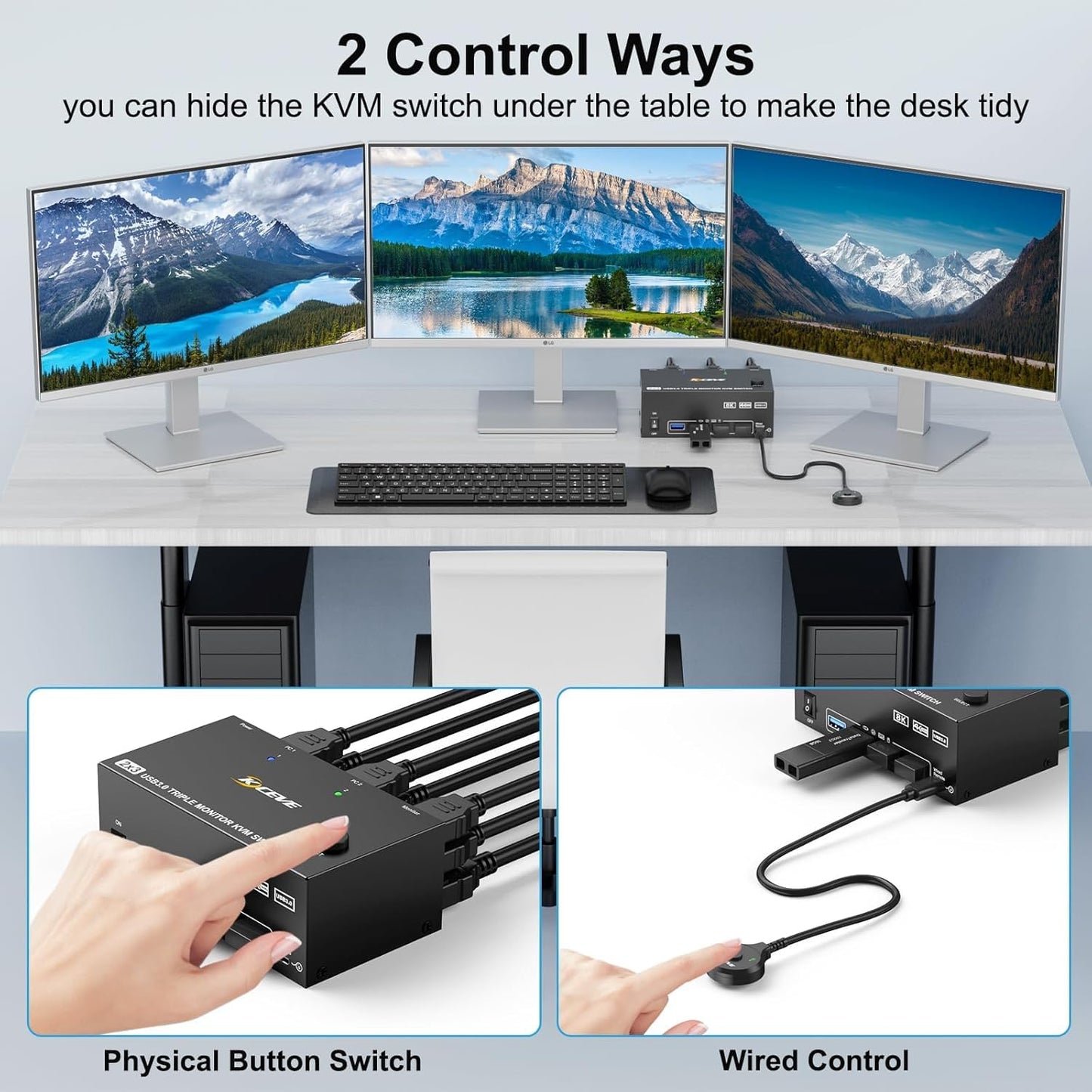 HDMI Displayport KVM Switch 3 Monitors 2 Computers 8K@60Hz/4K@144Hz, USB3.0 KVM Switches for 2 PC Sharing Triple Monitor and Keyboard Mouse with Power