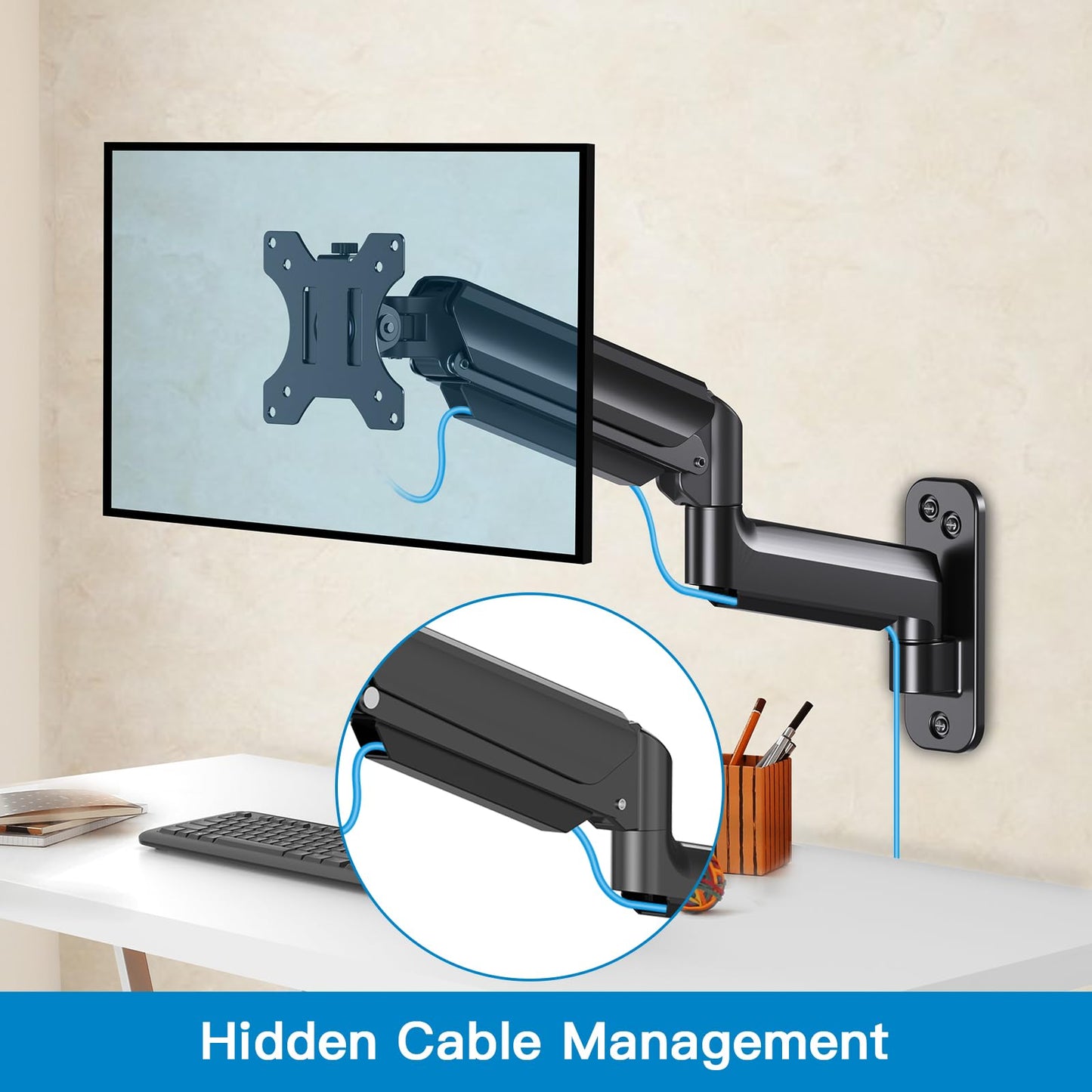 HUANUO Single Monitor Wall Mount for 13 to 32 Inch Computer Screen, Gaming Monitor Wall Mount Arm Holds up to 17.6lbs, Height Adjustable Full Motion