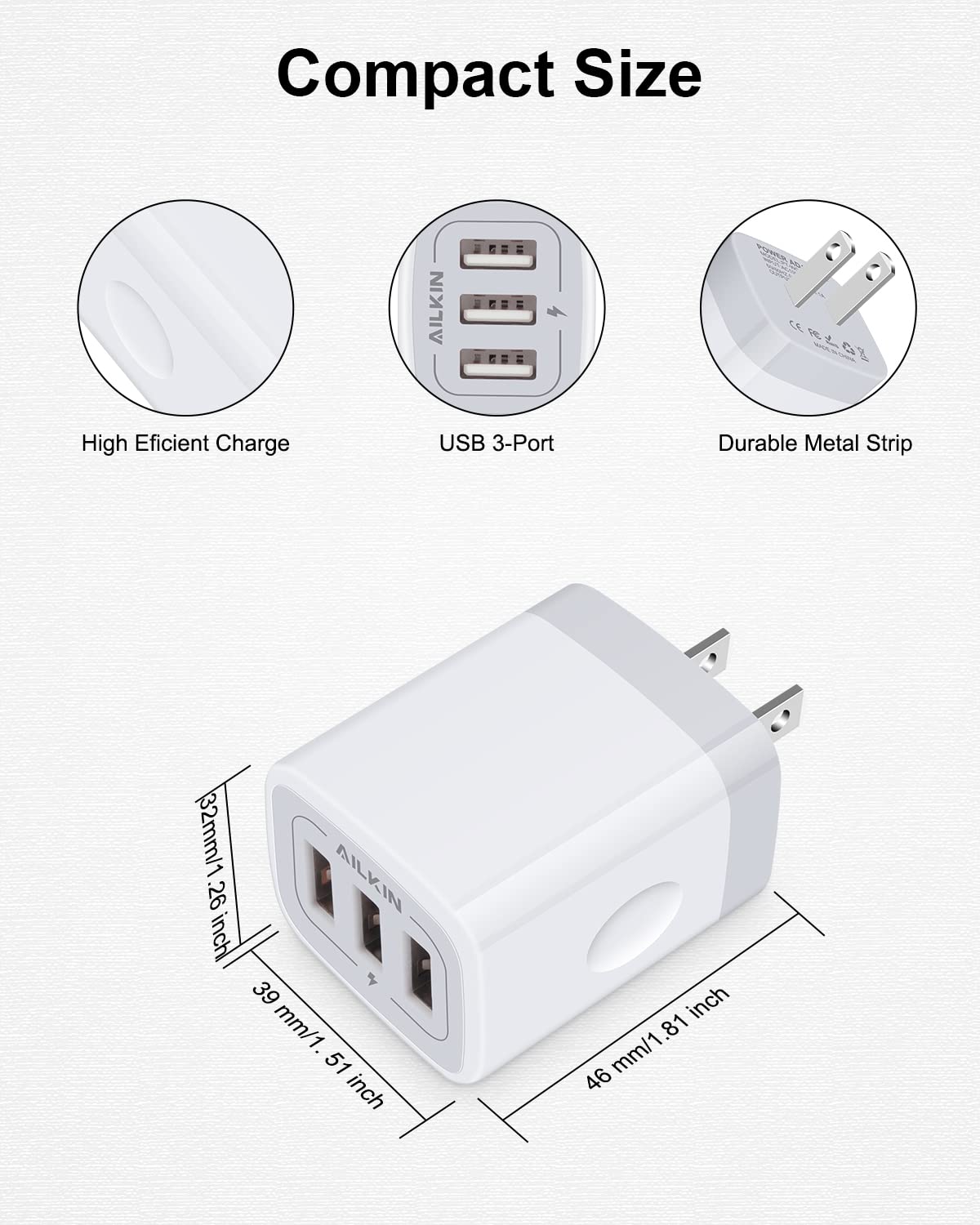 USB Charger Cube, Wall Charger Plug, AILKIN 3.1A 3-Muti Port USB Adapter Power Plug Charging Station Box Base for iPhone 17 16 15 14 13 12 Pro Max