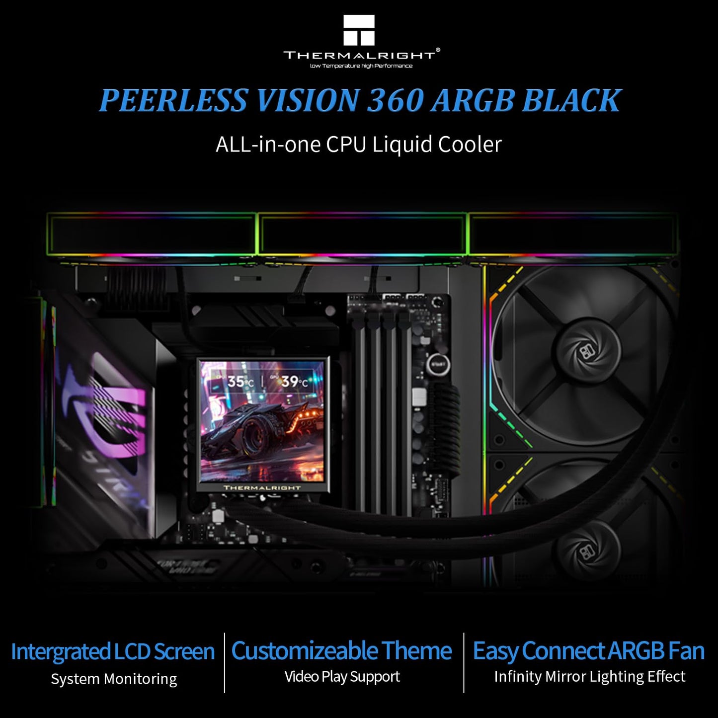 Thermalright Peerless Vision 360 ARGB Black CPU Aio Cooler,PC 360 Specification Water Cooler System,3.95’’IPS LCD Screen with 480x480 Resolution,for