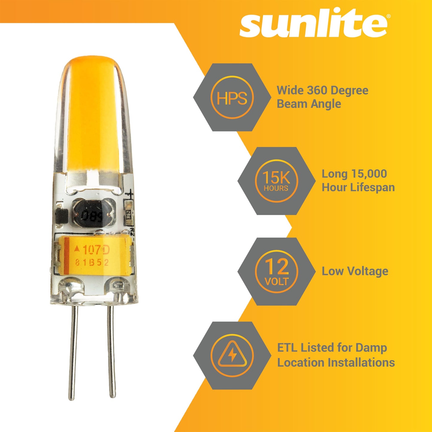 Sunlite LED G4 Single Ended Bi-Pin Light Bulb, 1.5 Watts (15W Equiv.), 200 Lumens, 3000K Warm White, 12V, 2-Pin (G4) Base, 360 Degree Beam Angle