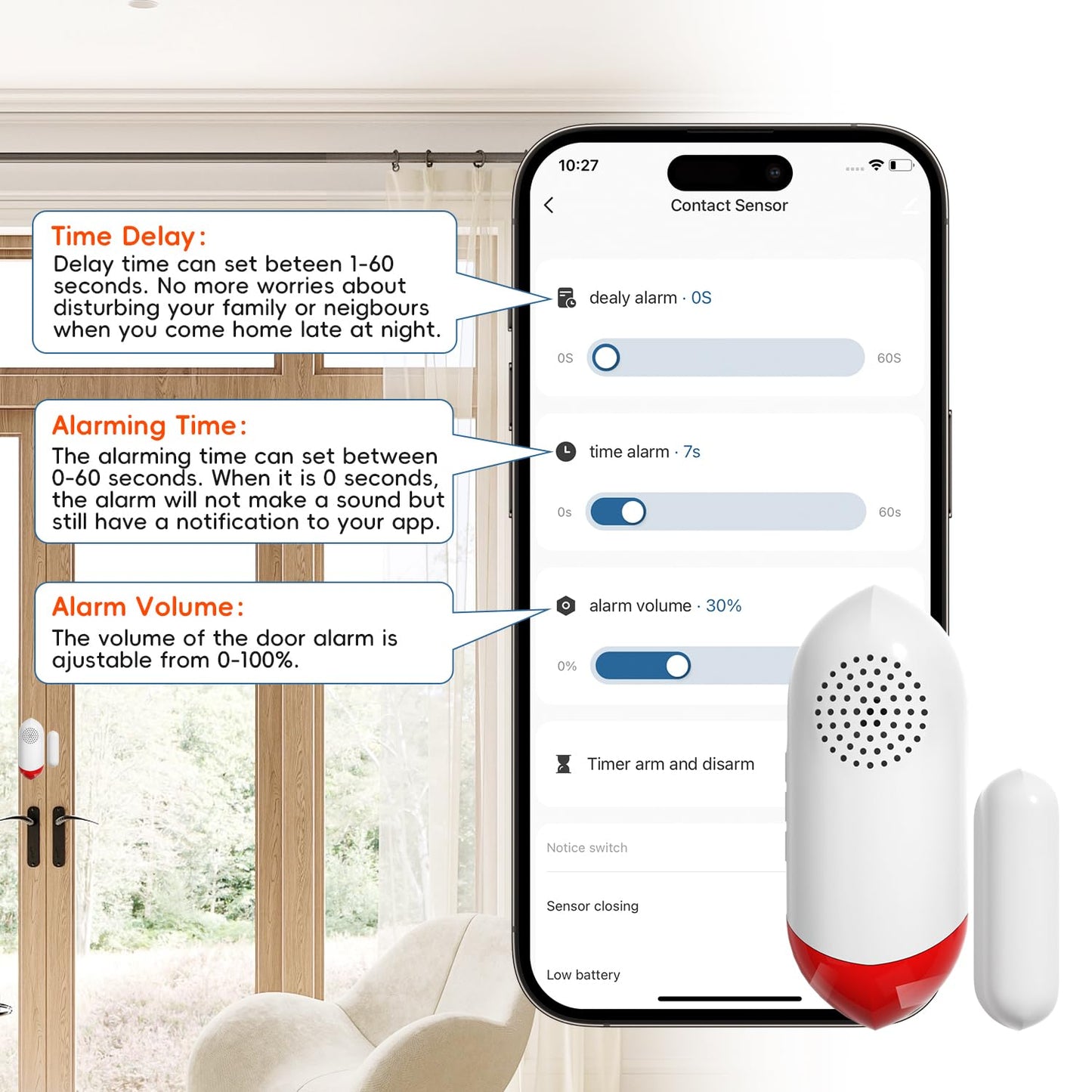 Smart WiFi Freezer Refrigerator Door/Window Alarm with Free Real-Time APP Alerts, 0-60s Delay, Scheduled Arm/Disarm, 0-120dB Adjustable Siren