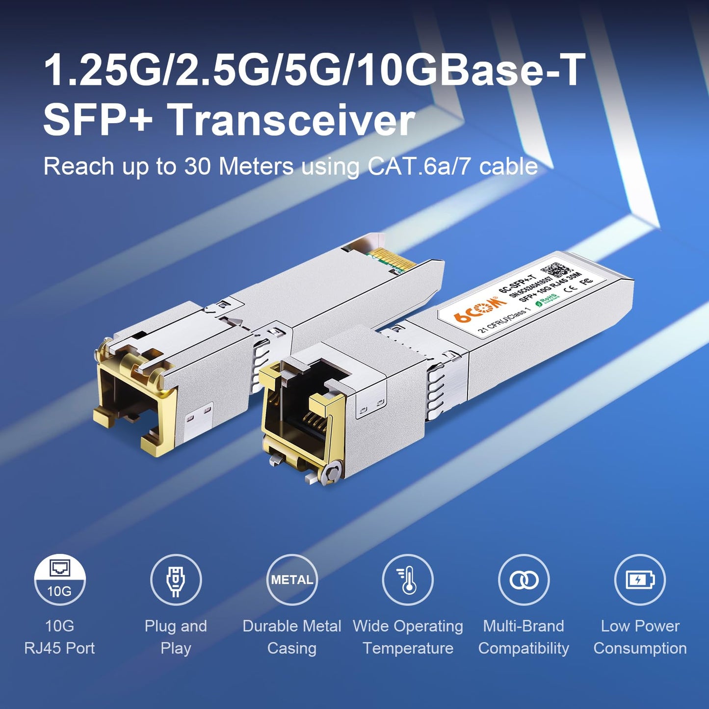 6COM 1.25G/2.5G/5G/10GBase-T SFP+ Transceiver, 10G SFP+ to RJ45 Copper Module, CAT.6a/7, up to 30 Meters, for Cisco SFP-10G-T-S, Ubiquiti