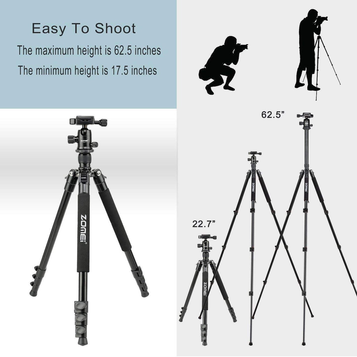 Zomei Q555 62.5'' Camera Tripod,Lightweight and Compact Aluminum Portable Travel Tripod with 360 Degree Ball Head for Vlog Nikon Canon Sony All DSLR