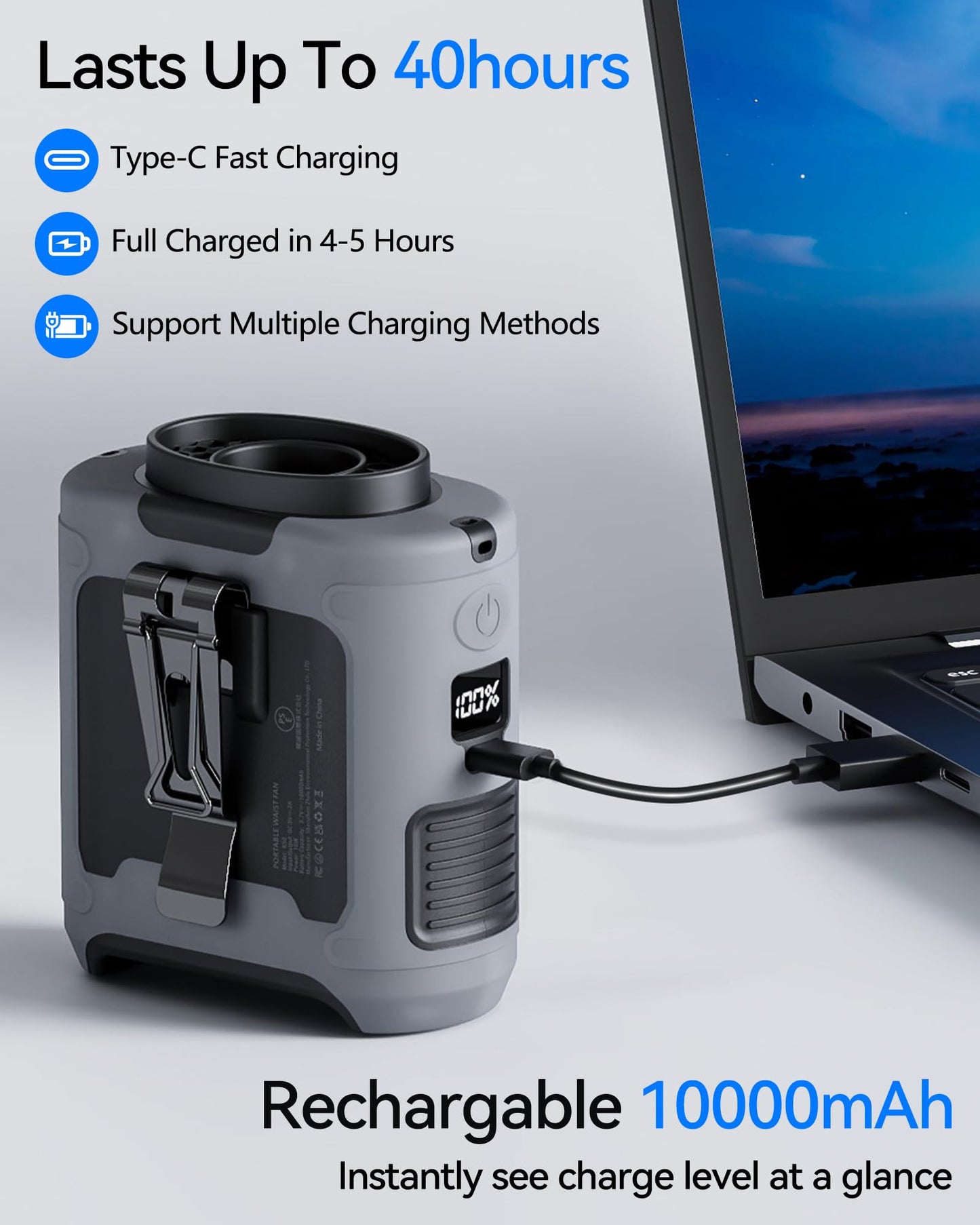 morsisho Portable Waist Fan 10000mAh Clip on Fan Belt Personal Fan with Rechargeable Battery operated, Flashlight & 5 Speeds Neck Hands-Free 40H