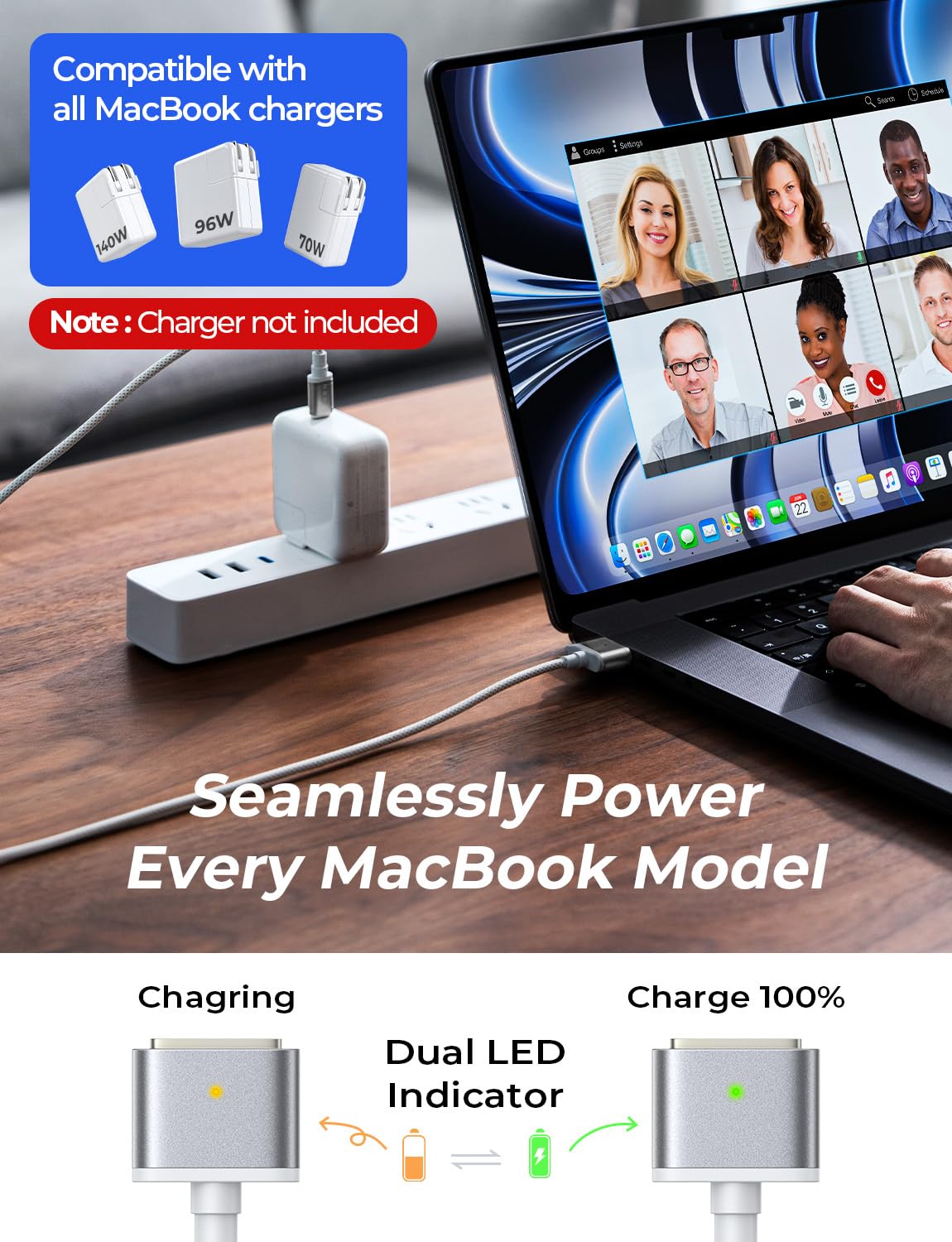 LISEN USB-C to Magnetic 3 Cable (6.6FT) for M4 MacBook Air Pro Charger, 140W Magnetic Safe 3 Cable for MacBook Air (15''/13'' M4 2025, M3 2024, M2