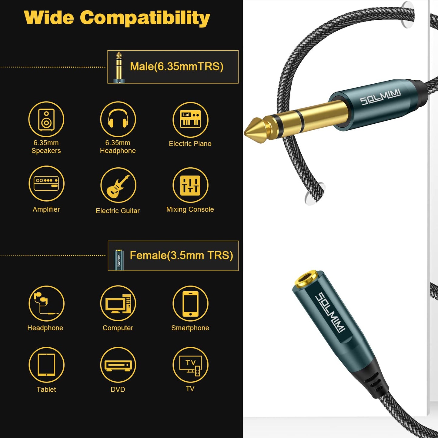 SOLMIMI 1/4 to 3.5mm Headphone Adapter, 1/4 to 1/8 6.35mm Male to 3.5mm Female TRS Stereo Audio Adapter Cable for Headphone Mixer Guitar Piano