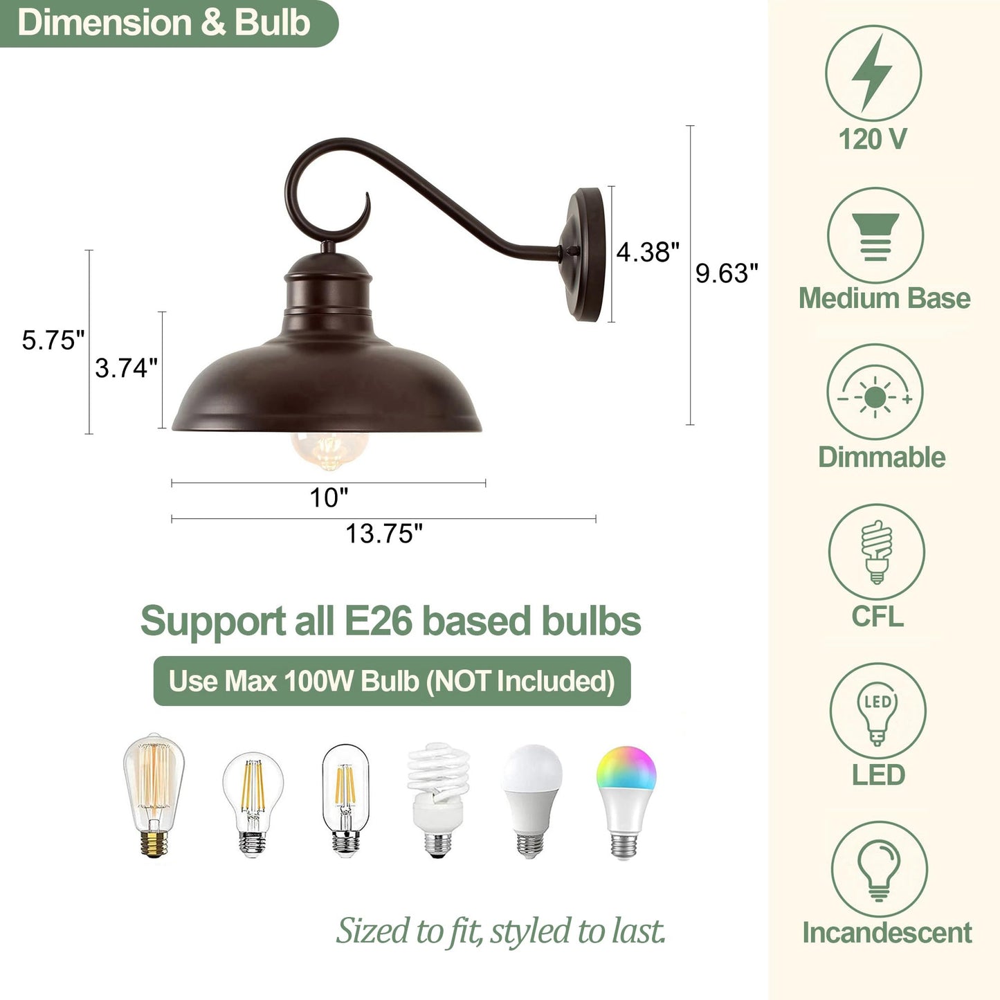 GOLDHILL 10 Inch Farmhouse Gooseneck Barn Light with Gold Interior 1 Pack, Oil Rubbed Bronze Rustic Outdoor Wall Sconce for Garage Porch Bathroom
