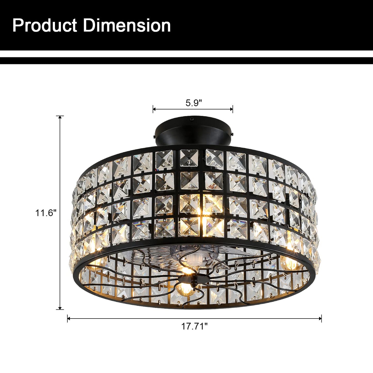 OBCGT 18inchCage Ceiling Fan with Lights Remote Control 8 Blades Rustic Crystal Chandelier Fan Industrial Bladeless for Living Dining Room Bedroom