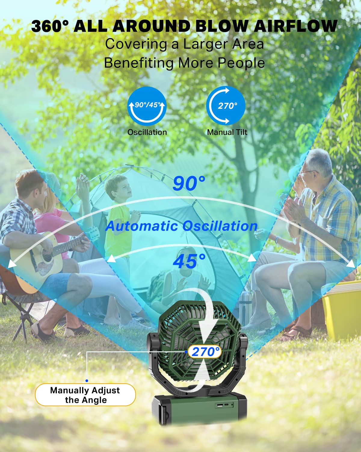 Rechargeable Auto Oscillating Fan with Remote & Timer & LED Light, 9-Inch 20000mAh Battery (70Hrs), Portable USB Fan for Camping, Travel, Worksite
