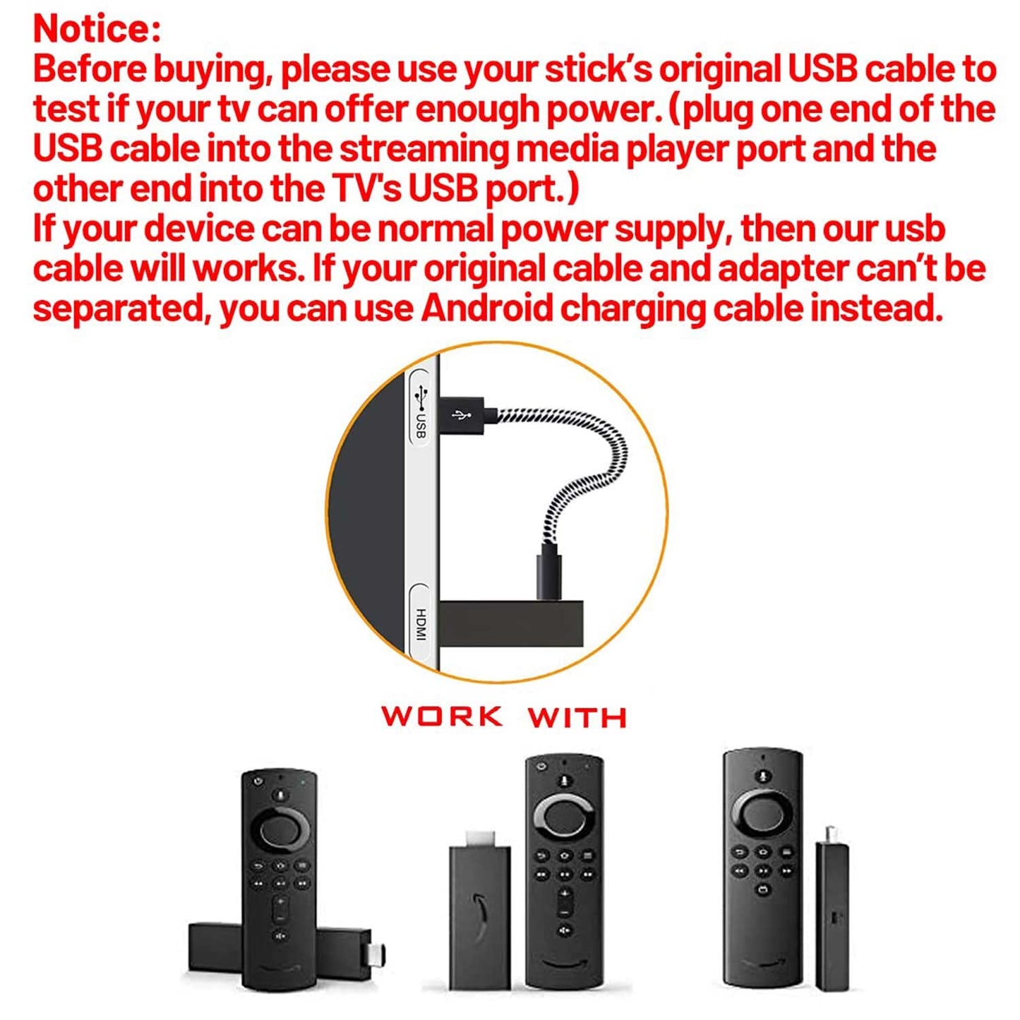 Y.D.F USB Power Cord Power up Your Fire TV Stick Form Your TV's USB Port, USB Cable for Chromecast/Roku Stick, 2 Pack 8 Inch (1 Straight 1 Angle)