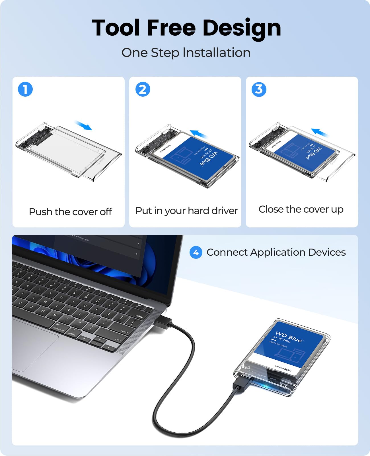 ORICO 2.5'' External Hard Drive Enclosure USB 3.0 to SATA III Tool-Free Clear Hard Disk Case for 2.5 inch 7mm 9.5mm SATA HDD SSD Max 6TB Support