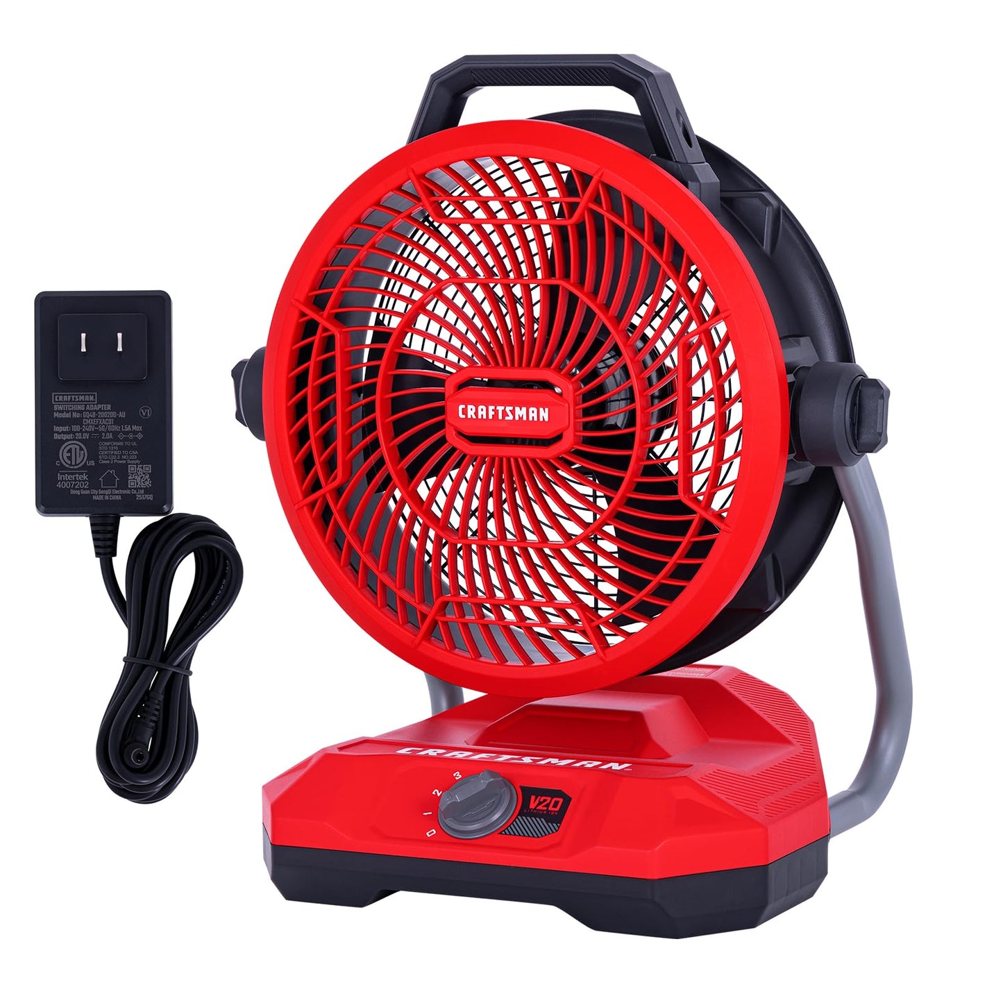 CRAFTSMAN V20 Cordless 12" Portable Fan, Battery Powered Fan, AC/DC Dual Supply, AC Adapter included, 1400 CFM, 3-Speed Settings, 130° Tilt