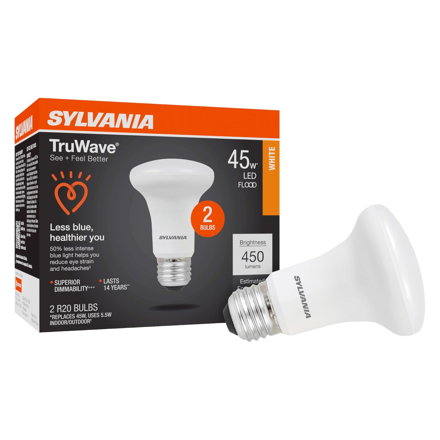 Sylvania LED TruWave Natural Series R20 Light Bulb, 50W Equivalent Efficient 5W, Dimmable, Frosted, 3000K, Neutral White - 2 Pack (40789)