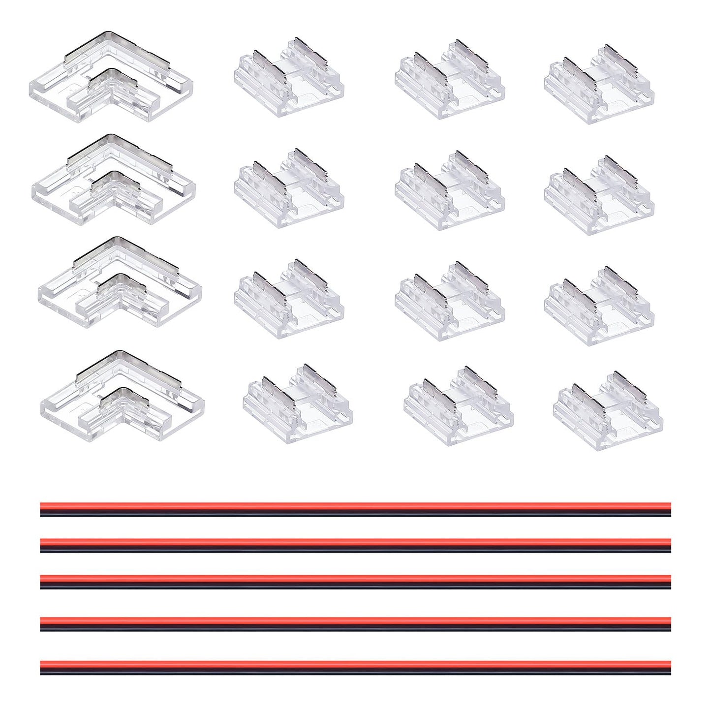 GOMING 2-Pin 0.39in/10mm Board Width COB Connector Kit 12 Transparent Gapless Connectors 4 L-Shaped/Corner Gapless Connectors 5 Extension Wires