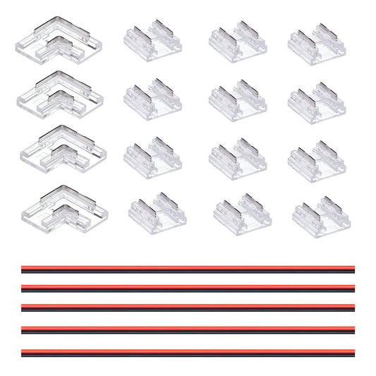 GOMING 2-Pin 0.39in/10mm Board Width COB Connector Kit 12 Transparent Gapless Connectors 4 L-Shaped/Corner Gapless Connectors 5 Extension Wires