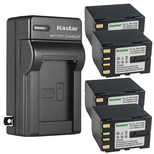 Kastar 4-Pack BN-V428 Battery and AC Wall Charger Replacement for JVC BN-V408US BN-V416US BN-V428 BN-V428U BN-V428US BN-V438US BN-V856US Battery, JVC