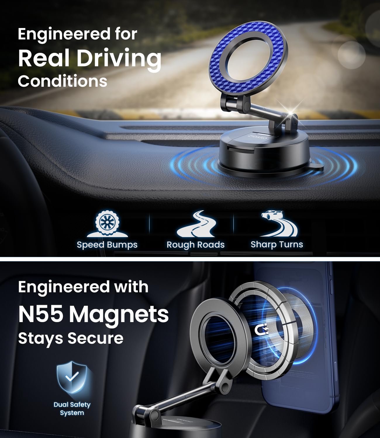 ZIDARO for MagSafe Car Phone Holder for Tesla Model 3/Y, Extended-Reach Arm Magnetic Mount for iPhone 17/16/15/14/13/12, 80+LBS Vacuum Suction Cup