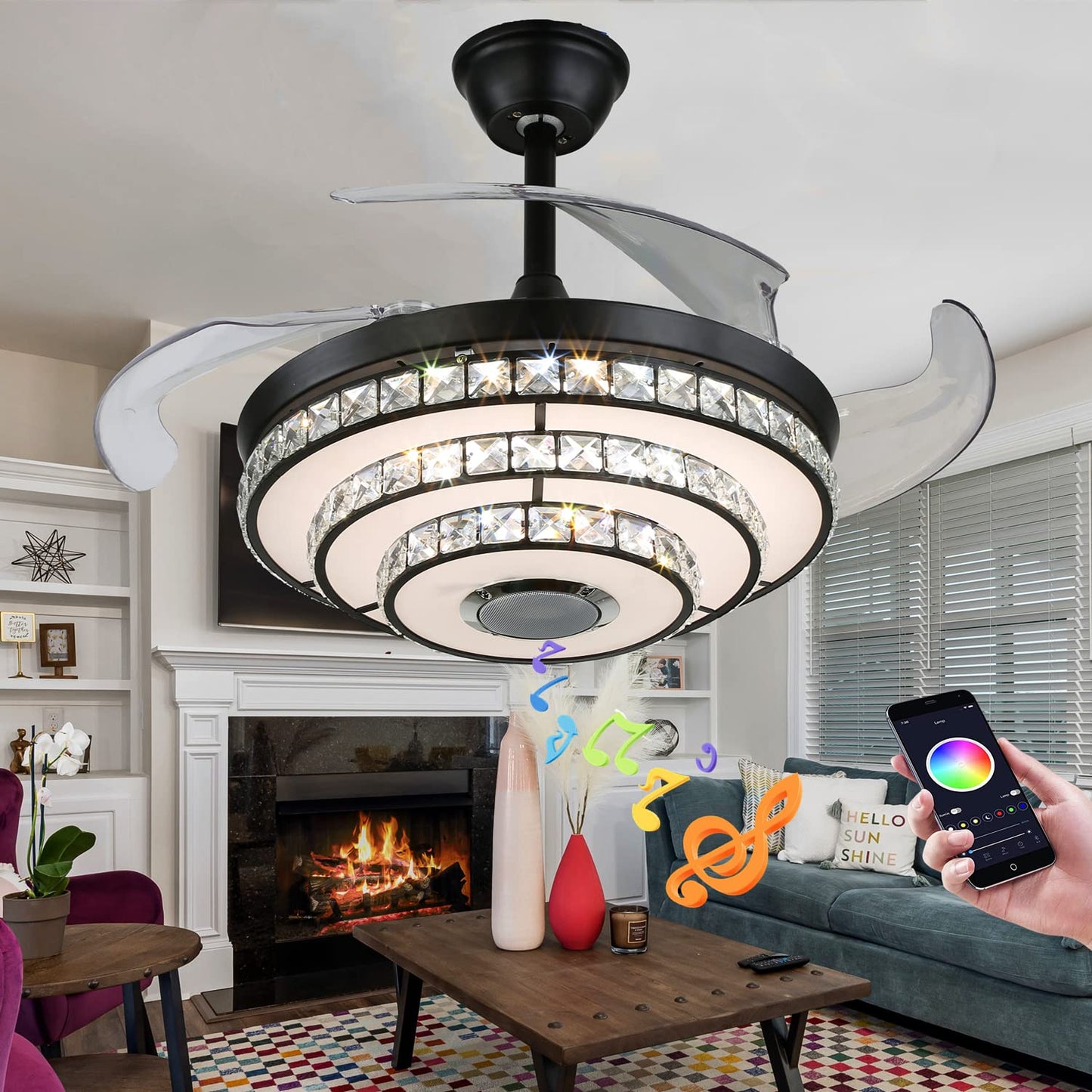 FANEPRO 42" Smart Ceiling Fan with Lights and Bluetooth Speaker, Retractable Black Fandelier RGB Color Dimmable LED Crystal Chandelier Fans