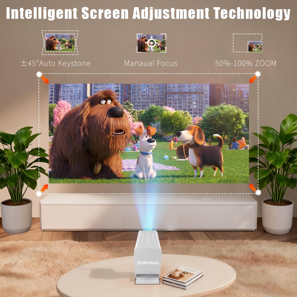 [Smart Projector with Apps] 4K Supported Mini Projector with Wifi and Bluetooth, XENPONAD Movie Projector for Bedroom Celling Camping & Outdoor Use