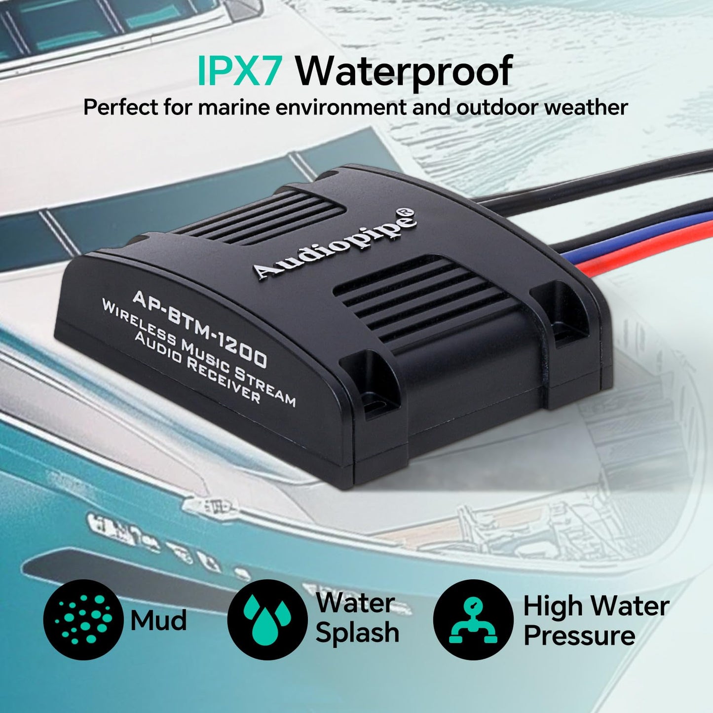 Audiopipe Marine Wireless Music Stream Audio Receiver (AP-BTM-1200), Blutooth 5.0 Adaptor, RCA Stereo Outputs, Perfect for Marine, ATV, UTV, Golf Car