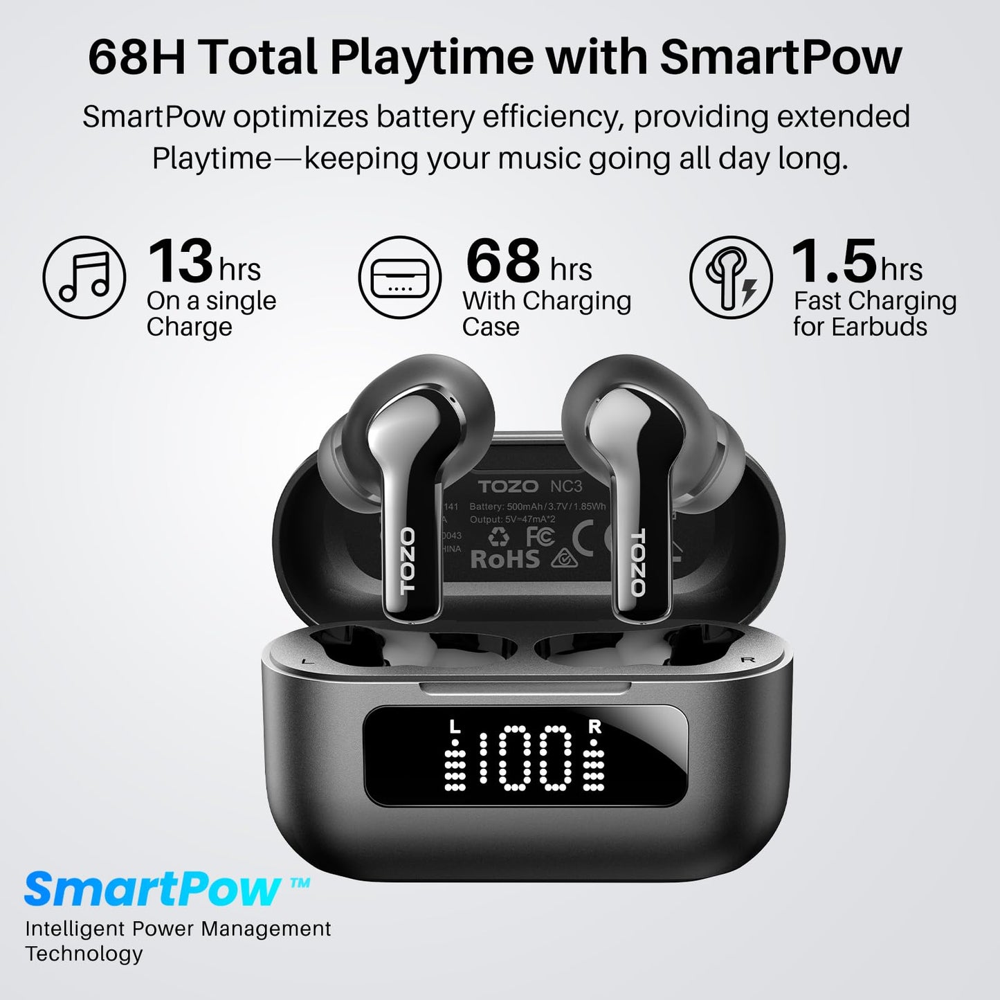 TOZO Hybrid Active Noise Cancelling Wireless Earbuds with 6 Mics AI Clear Call Ear Buds 68H Playtime with LED Display 32 Preset EQs via APP Bluetooth