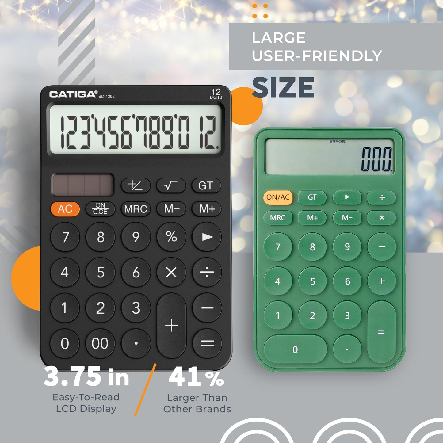 CATIGA 12 Digit Desktop Calculator with Large LCD Display, 4 Funtions Calculator, Round Design Big Button, Solar and Battery Dual Power, Standard