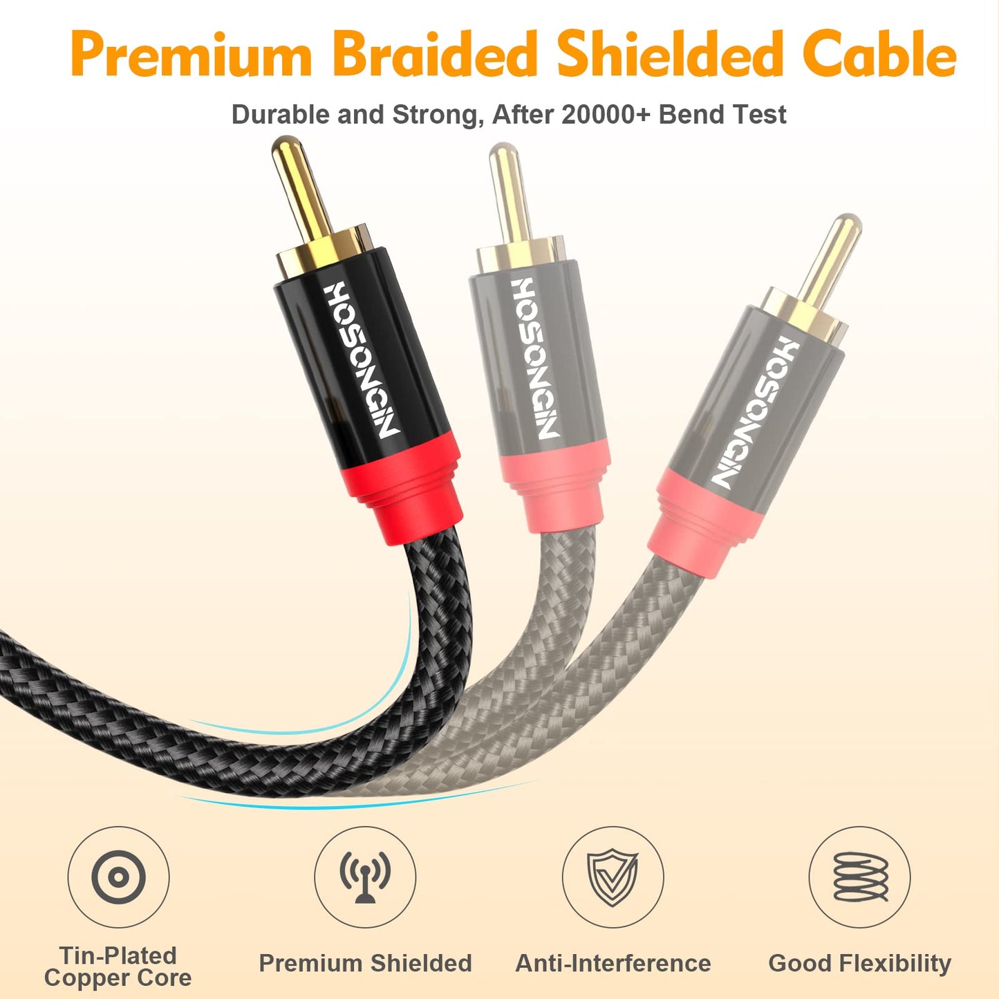 HOSONGIN RCA Cables 3.3ft 2 Pack[Hi-Fi Sound, Nylon Braided, Shielded], 2-Male to 2-Male RCA Audio Stereo Subwoofer Cable Auxiliary Cord for Home