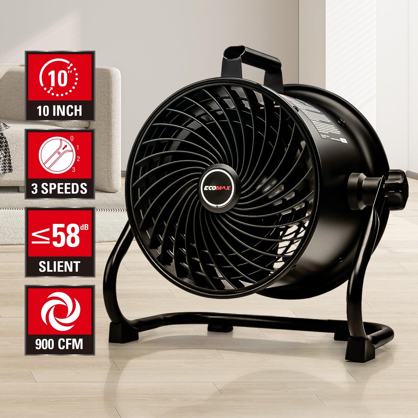 ECOMAX Drum Fan, 10 Inch High Velocity Industrial Shop Fan, Ultra-Quiet