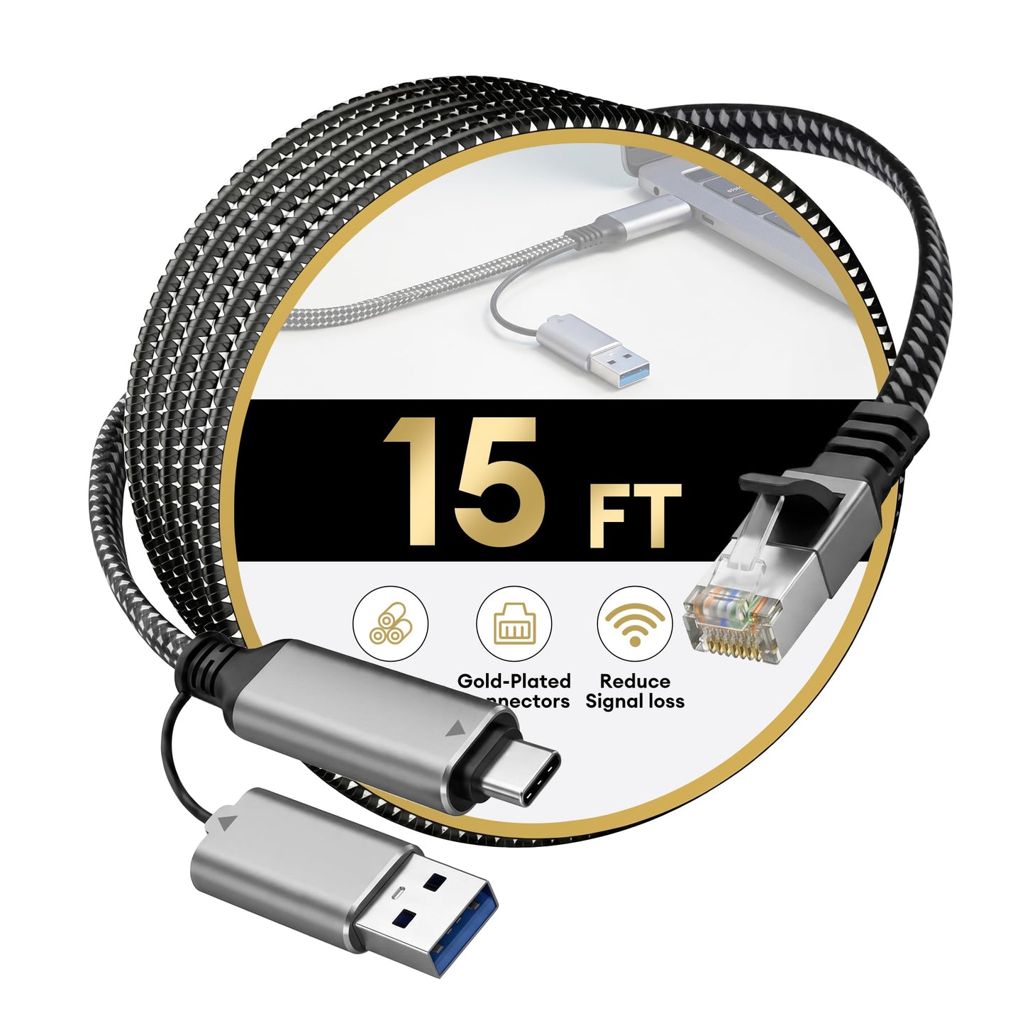 Molltto USB 3.0 to Ethernet Adapter Cable 15FT, USB C & USB A 2 in 1