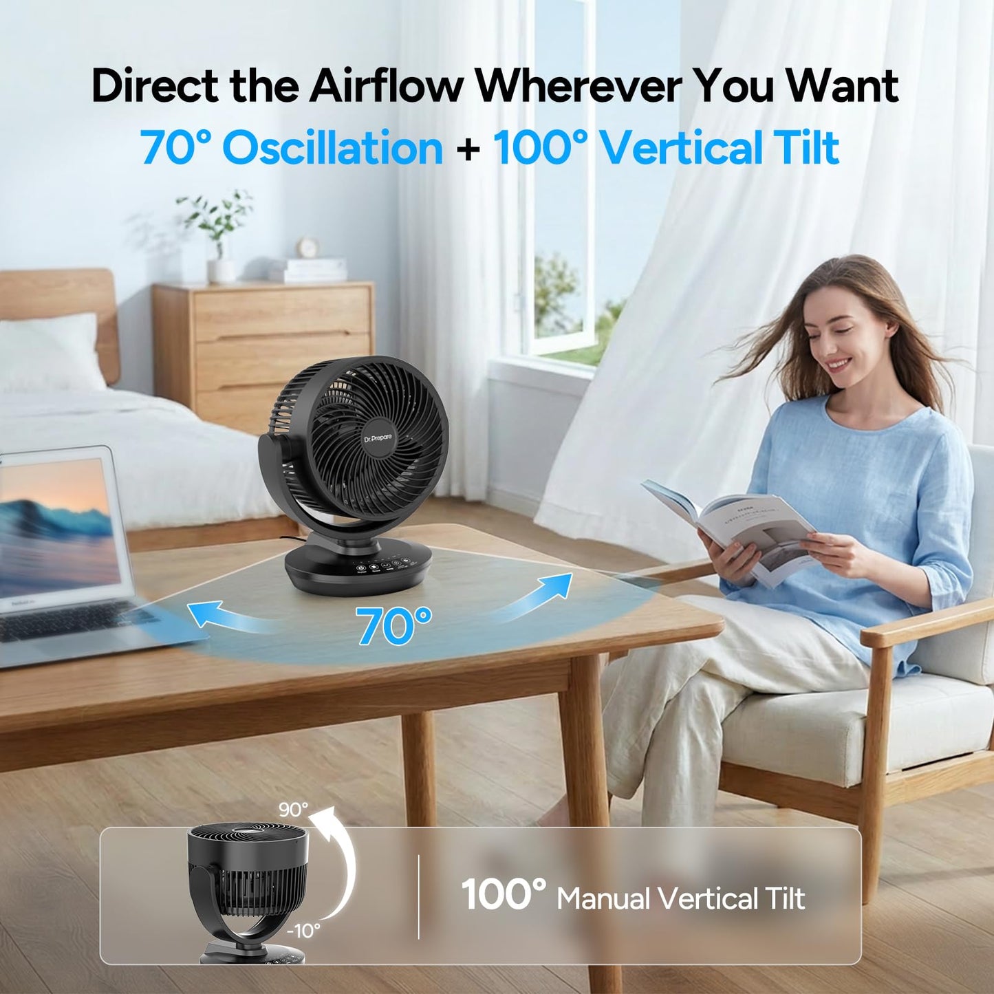 DR.PREPARE Oscillating Air Circulator Fan for Bedroom with Remote, 900 CFM, 11.8" Powerful Table Fan, 70° Oscillation, 100° Tilt, 3 Speeds, Efficient