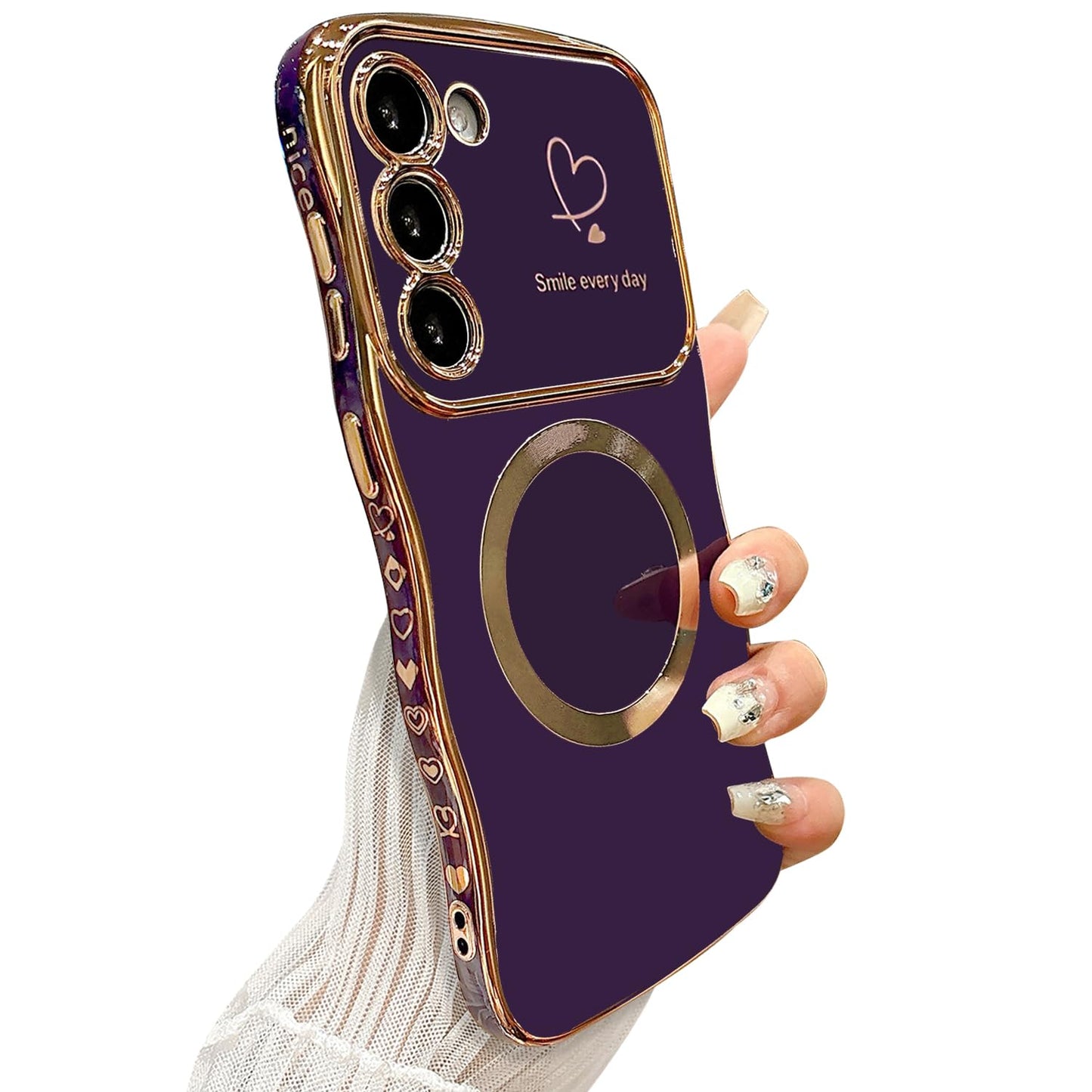 ZONRW for Samsung Galaxy S23 Plus Case Magnetic,for Women Girls Soft Cute Wave Frame Curly Shape Love Heart Luxury Plating Phone Case Compatible