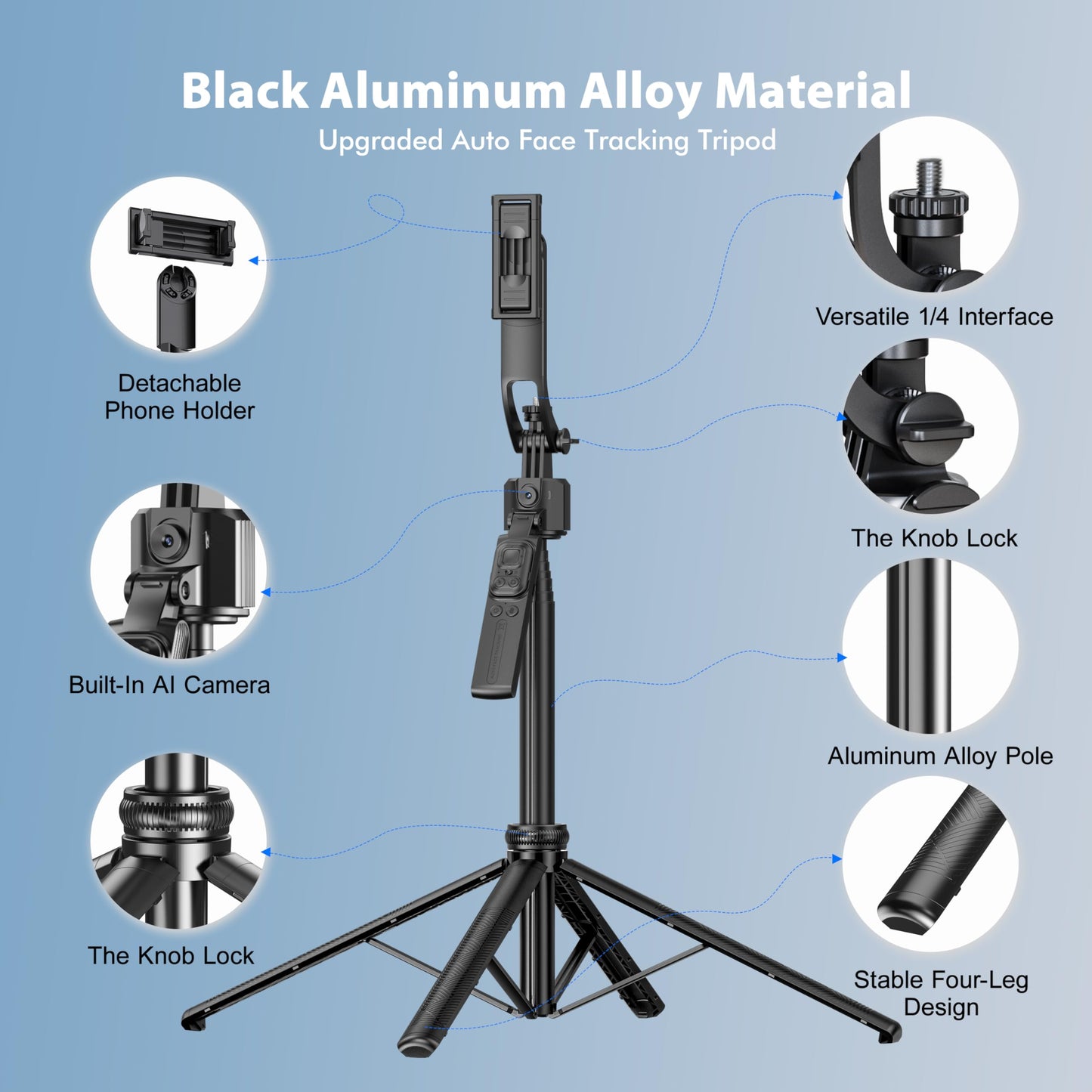 FOURPILLARS 68" Extendable Auto Face Tracking Tripod with Stand, 360° Rotation that Follows Your Movement, Portable Phone Tripod Stand with Remote