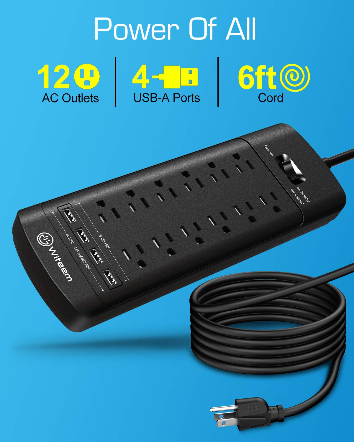 Witeem Surge Protector Power Strip - 12 Outlets,4 USB 6A Ports, 6Ft Extension Cord, 1875W/15A, 4360Joules, Overload Protection - Ideal for Home
