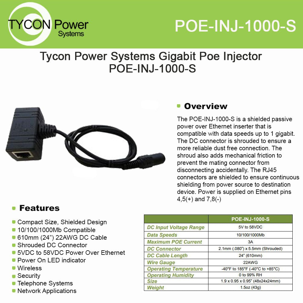 Tycon Systems, Inc Gigabit Poe Injector - POE-INJ-1000-S