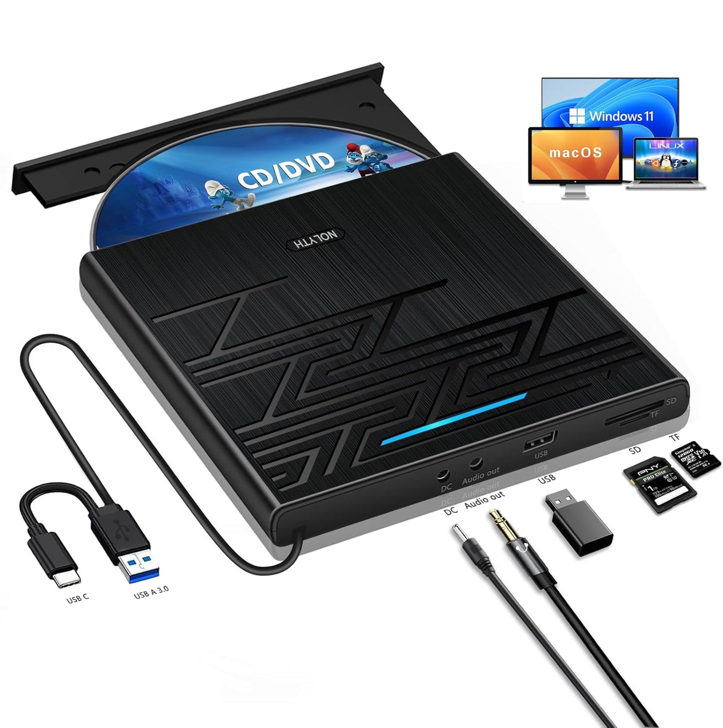 NOLYTH External DVD Drive for Mac, USB CD ROM Burner External Drive for Laptop with 3.5mm Audio SD TF Slot, Portable Optical Disk Drive DVD Player