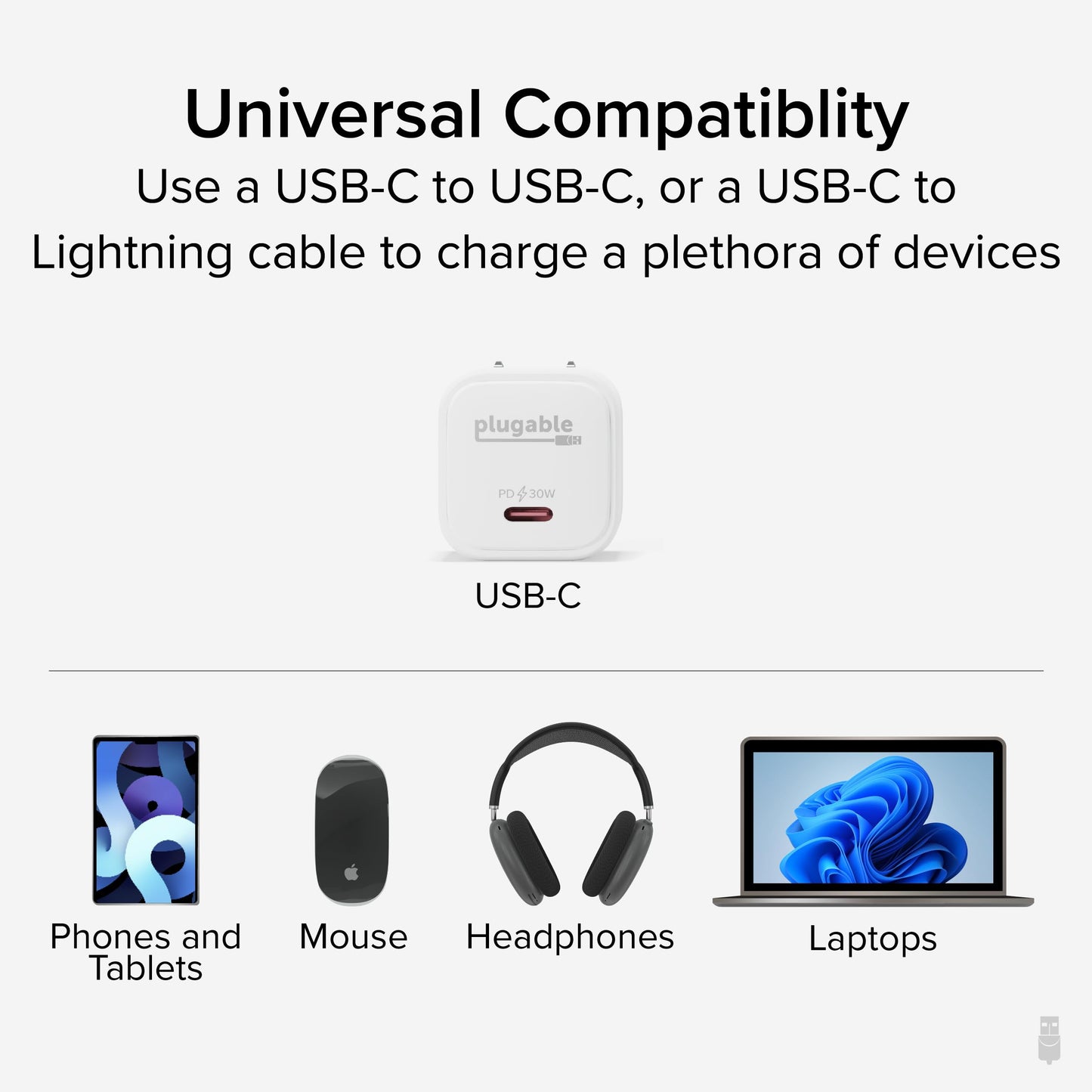 Plugable 30W USB-C GaN Charger - MagSafe-Compatible, Fast Charging for iPhone, iPad, Galaxy & USB-C Devices - IT Deployment, Business Travel & Remote