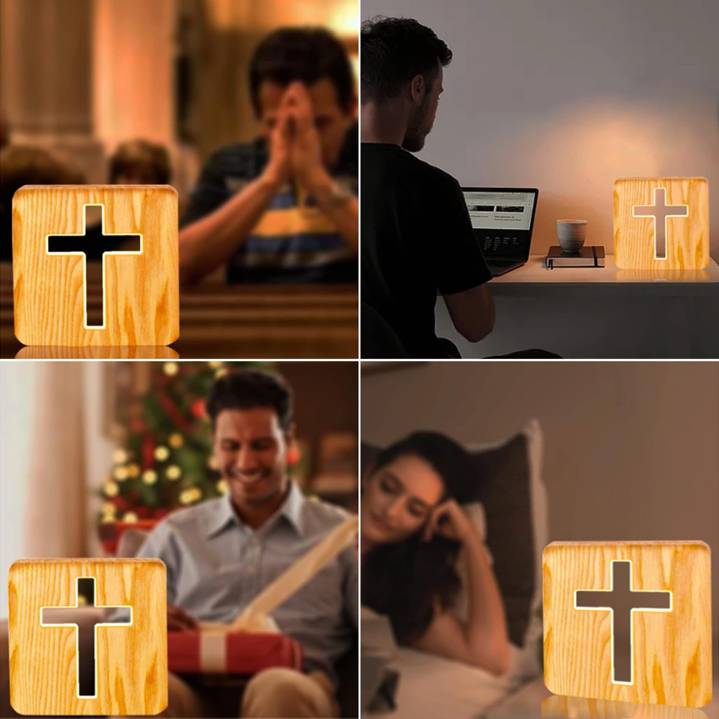 WLHONG Easter Decorations Cross Shaped Wood Bedside Lamp, Jesus Cross 3D LED Optical Night Light, Personalized Room Decor Best Birthday Christian