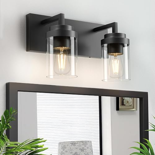 Espird Bathroom Vanity Fixtures, 2 Light Matte Black Vanity Light with Clear Glass Shade, 15in Farmhouse wall Light, Lighting Fixture Over Mirror