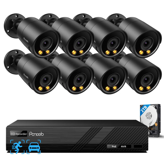 PANOOB Security Camera System PoE, 8X 4MP Wired Bullet IP Cameras Outdoor Built-in Microphone, AI Human Vehicle Detection, 5MP 8CH NVR with 2TB HDD